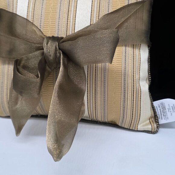 Vintage Small Striped Accent Throw Pillow Ribbon Bow Accent By Woof & Poof 10" - Picture 6 of 14